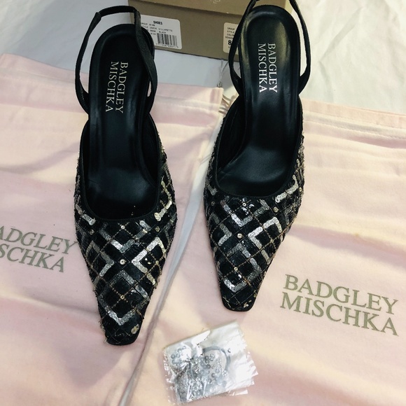 Badgley Mischika Black Heels With Beads and Sequin - Picture 6 of 12